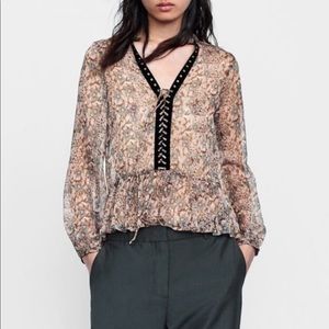 Zara floral chiffon lace up drill top